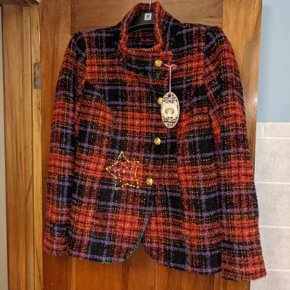 NWT Joe Browns sz 10 red tweed embroidered coat plaid tartan Star - Picture 2 of 8